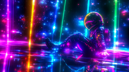 Astronaut synthwave illustration in water, dark colors