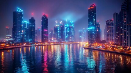 Obraz premium Illuminated Skyscrapers Reflecting in a Calm Waterway at Night
