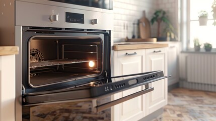 Fototapeta premium Modern Kitchen with Open Oven Door and Stainless Steel Appliance