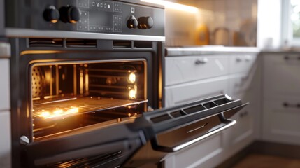 Obraz premium Modern Kitchen with Open Oven Door and Stainless Steel Appliances