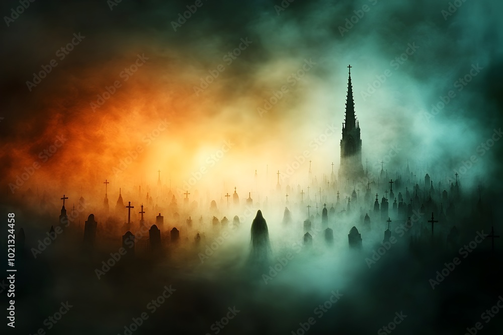 Poster thick billowing fog envelops an ancient graveyard at the stroke of midnight obscuring the gravestone