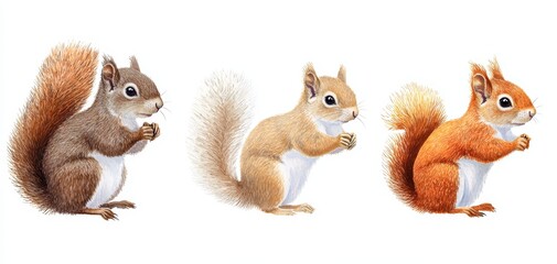 Naklejka premium Three cute squirrels in varying shades of brown and orange, each holding a nut and standing upright against a pale background.