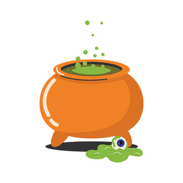 recommend clip art: An element for Halloween holiday design. A cauldron of green boiling witch's potion, bubbles and an eye. Isolated on a white background. Vector illustration.