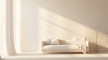 Modern minimalistic living room interior with peach color sofa and empty wall. Neural network ai generated art
