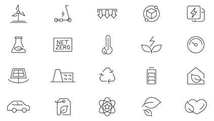 Net zero line icon set. Eco, carbon footprint, CO2 neutral, solar energy, wind power, renewable energy, low carbon city, emission-free, sustainable future line icon set. Ui thin line icon pack.