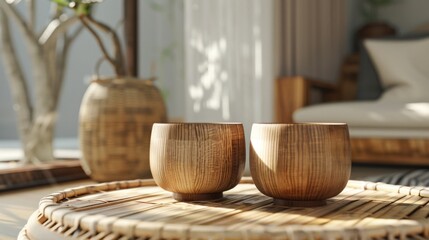 Minimalist Interior Design with Wooden Cups and Wicker Tray