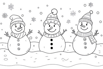Snowmen, coloring page for kids, line art, black and white.