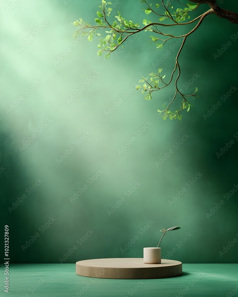 Poster elevated green forest backdrop for minimal product showcase in serene 3d studio scene with soft shad