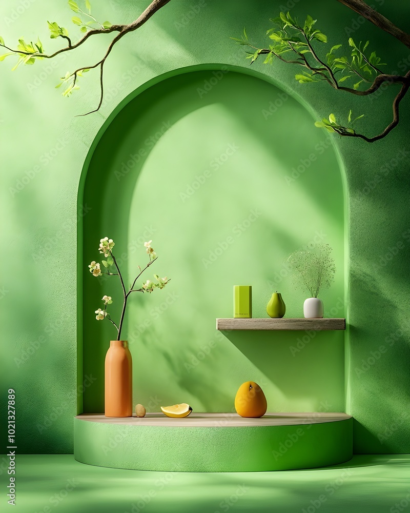 Poster lush green forest backdrop with a minimalist wall display and product podium soft shadows from a lar
