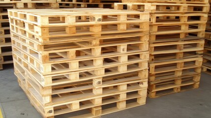 Wooden pallets stored for transport in a warehouse, logistics focus