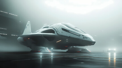 Futuristic spaceship docked at a landing pad, surrounded by fog. Starship Dock. Illustration