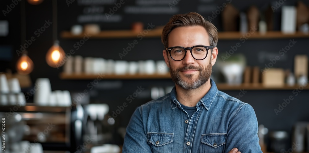 Poster man with glasses is smiling and posing for a picture in front of a coffee shop. concept of warmth an