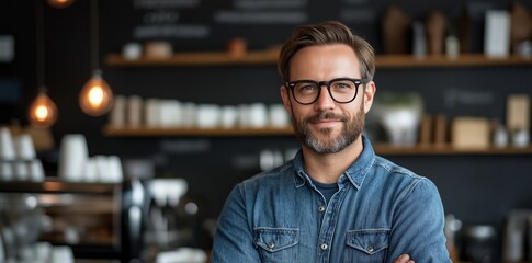 Fototapeta premium Man with glasses is smiling and posing for a picture in front of a coffee shop. Concept of warmth and friendliness, as the man is enjoying his time in the coffee shop. The presence of cups