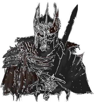 Conceptual drawing of an undead king, demon lich necromancer holding a rusty sword.