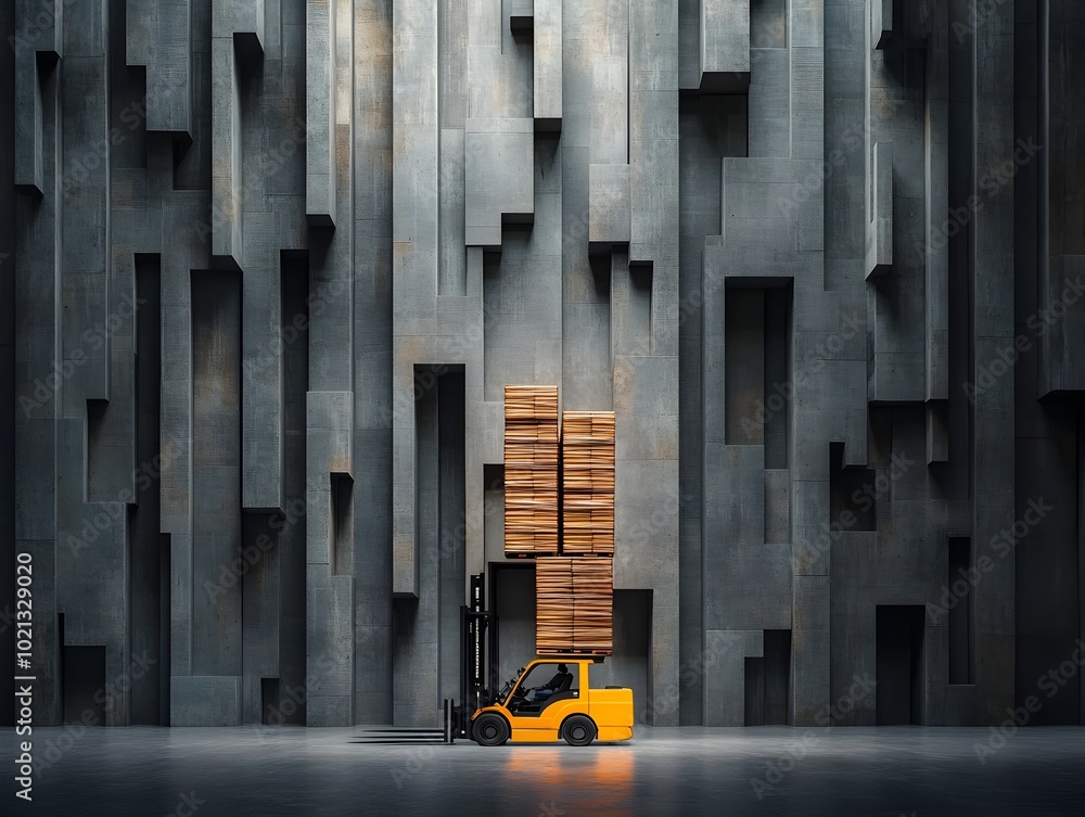 Poster towering forklift skillfully transporting stacks of cargo through a vast neatly arranged warehouse e