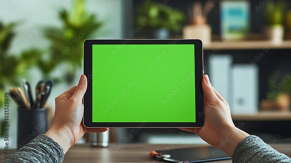 Poster a person holds a tablet with a green screen in a modern workspace surrounded by plants and stationer