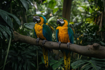 Obraz premium Parrots in a Rainforest: A pair of brightly colored parrots perched on a tree branch in a lush, green rainforest