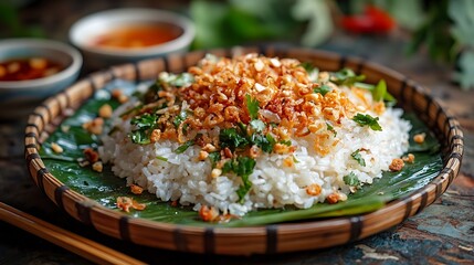 A captivating side-angle shot of a plate of Xoi served on a traditional banana leaf, featuring sticky rice topped with fried shallots, pork floss, and mung beans.