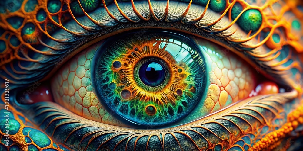 Poster detailed close-up of an eye under microscope revealing intricate structures and patterns for scienti