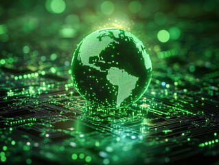 A green computer chip with a globe on top of it