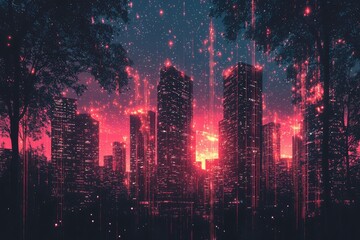 Obraz premium A City Skyline at Night with Red and Pink Lights