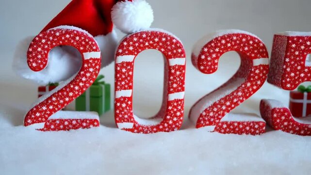 The red number 2025, sprinkled with snow, featuring candy cane designs, gifts, and a Santa hat, gently shadowed against white.