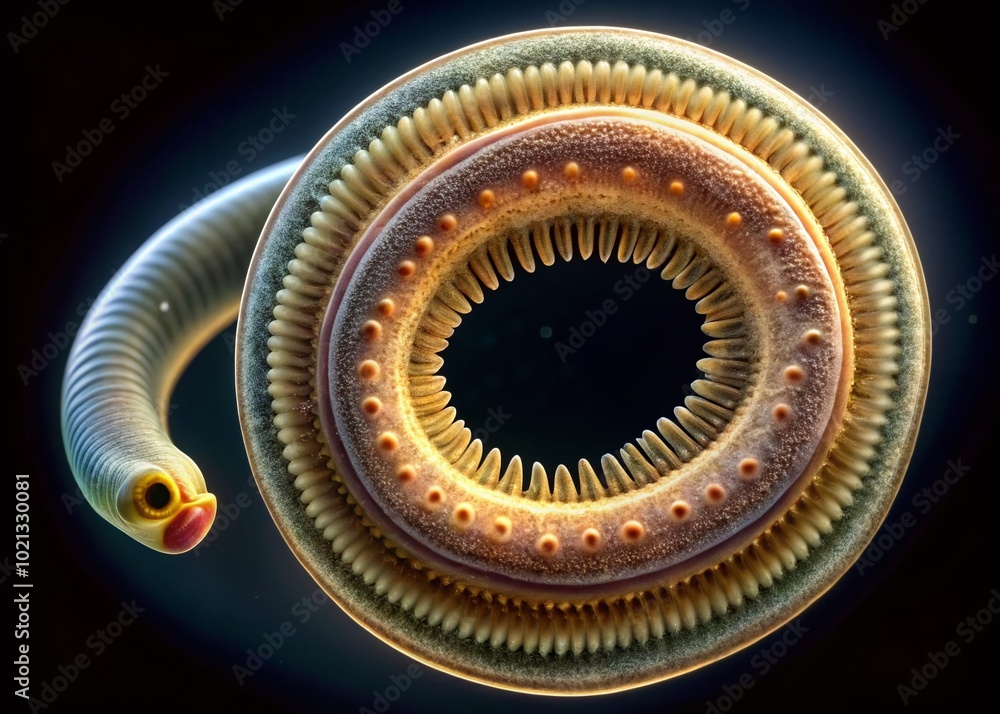 Poster detailed close-up of hookworm under microscope revealing intricate structure and biological features