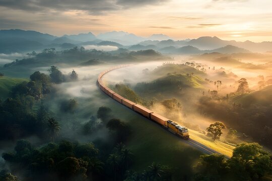 Sleek modern freight train gliding silently across lush rolling hills in a picturesque countryside landscape bathed in warm golden hour lighting