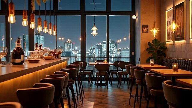 Rooftop Bar with City View at Night