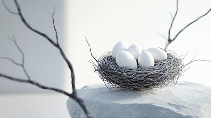 Eggs concealed within a bird's nest perched on tree limbs against a gleaming white backdrop. A meticulously crafted 3D visualization. 
