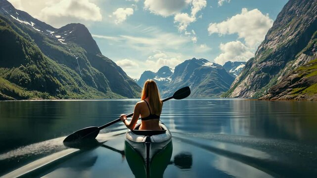 View from the back of a girl in a canoe floating on the water among the fjords. A woman paddles a kayak on a lake surrounded by mountains. A girl is sailing on a boat along a sea bay.