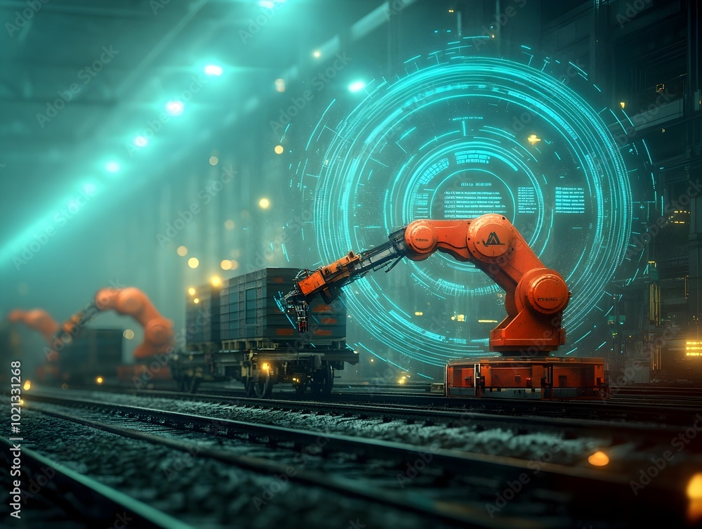 Poster automated freight train terminal orchestrating the efficient distribution of goods with articulated 