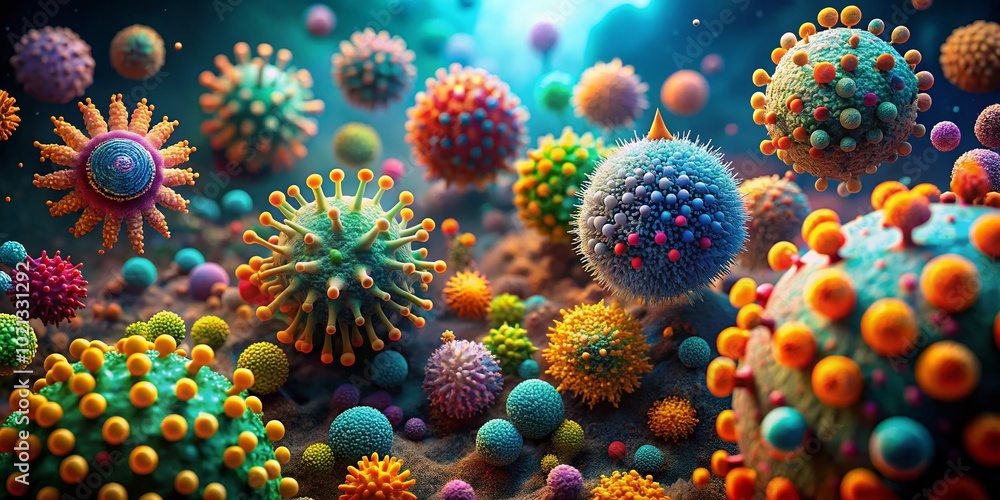 Poster detailed close-up view of viruses under the microscope with colorful scientific backgrounds and effe