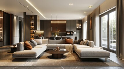 Fototapeta premium Modern Living Room Interior Design with Sectional Sofa and Large Windows
