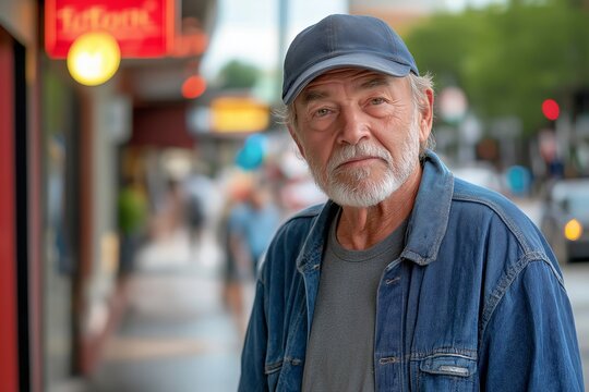 Man wearing a blue hat and jacket stands on a street corner. He is looking at the camera with a serious expression. The scene is set in a city with a few other people walking around