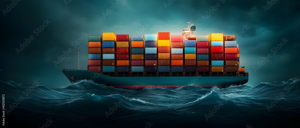 Poster vast cinematic image of an enormous freighter navigating the rolling waves of the open ocean laden w