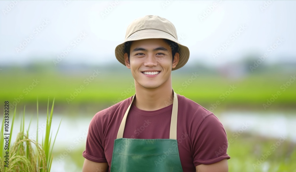 Poster man wearing a hat and apron is smiling in a field. scene is cheerful and relaxed