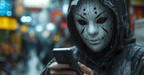 hacker in a white mask and black hoodie is holding a cell phone. Scammer concept. anonymity. AI generated