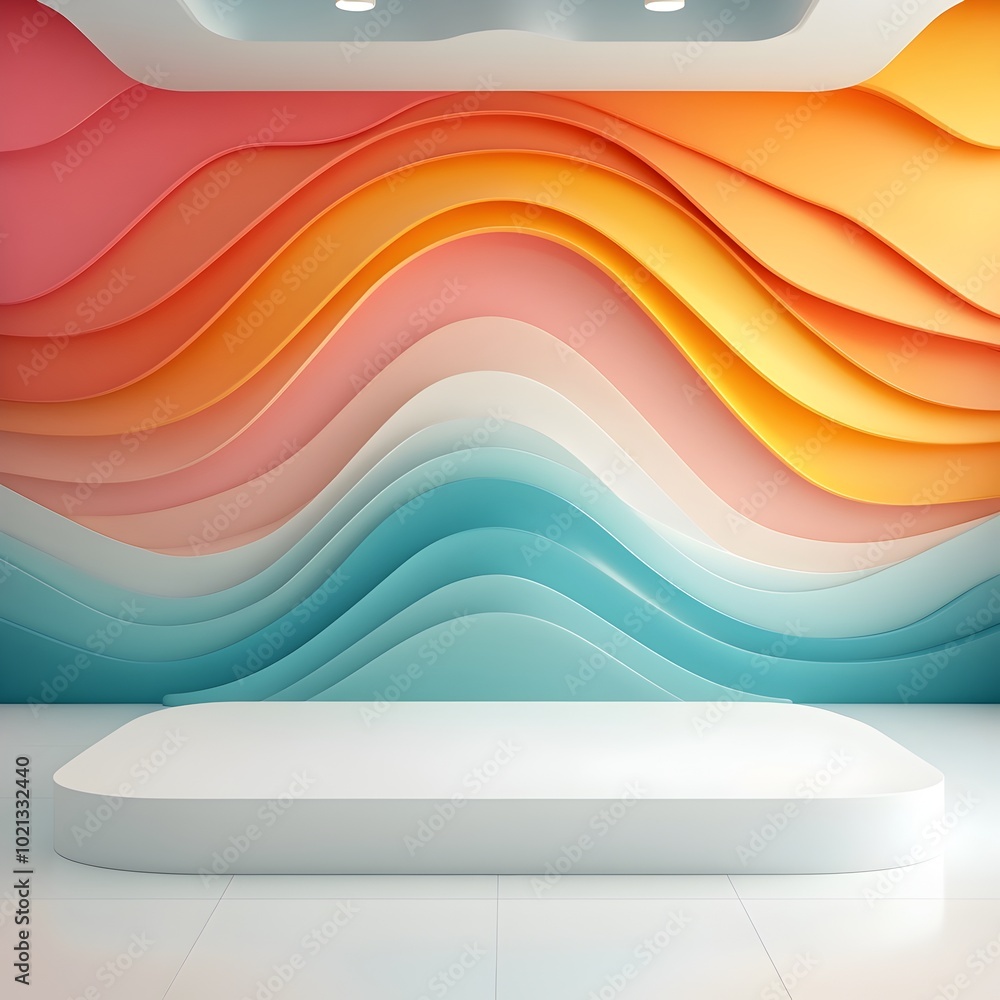 Poster futuristic 3d interior with a mesmerizing kaleidoscopic chromatic backdrop clean white floor and a m