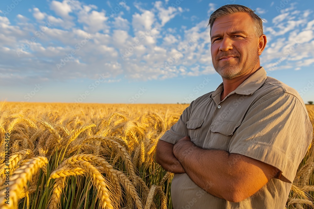 Poster man stands in a field of wheat, looking at the camera. the field is vast and stretches out in front 