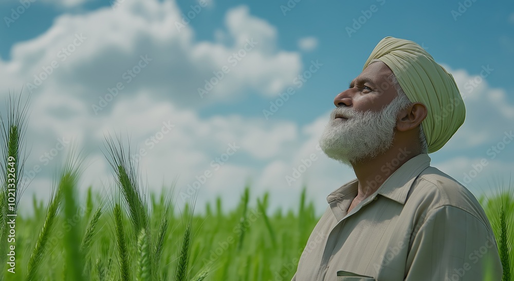 Poster man with a beard and a turban is standing in a field of green grass. he is looking up at the sky