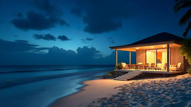 Tropical Beach House at Night with Ocean View