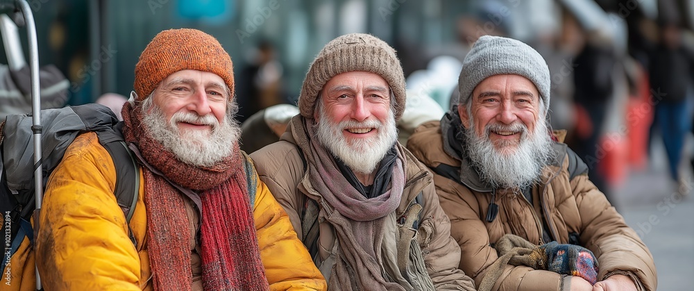 Poster three men with beards and hats are smiling for the camera. they are sitting on a bench and appear to