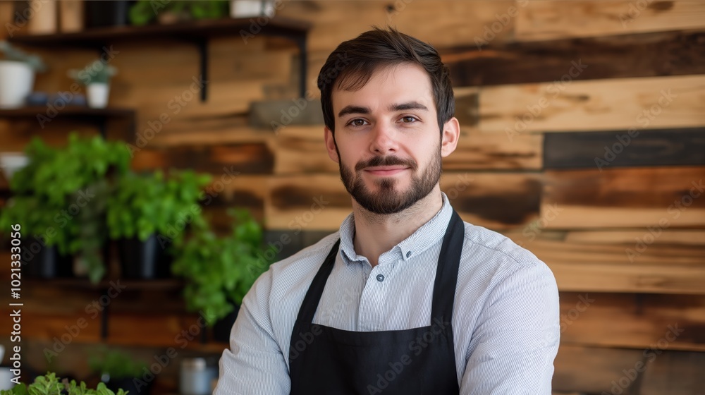 Poster man with a beard and apron stands in front of a wall with plants. he is smiling and looking at the c