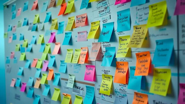 Whiteboard Covered in Colorful Sticky Notes