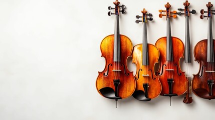 Fototapeta premium Four Polished Violins Aligned Against a White Background