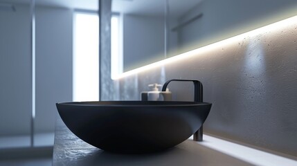 Modern Minimalist Bathroom Design with Black Sink and Sleek Faucet
