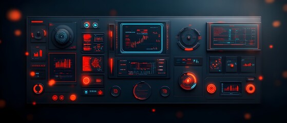 Visually striking futuristic control room featuring complex data analytics displays state of the art GUI control panels with holographic interfaces vibrant color scheme with pulsing neon accents