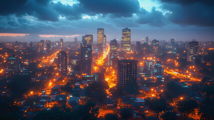 Obraz premium Nairobi’s Modern Business District at Dusk with Illuminated Skyscrapers