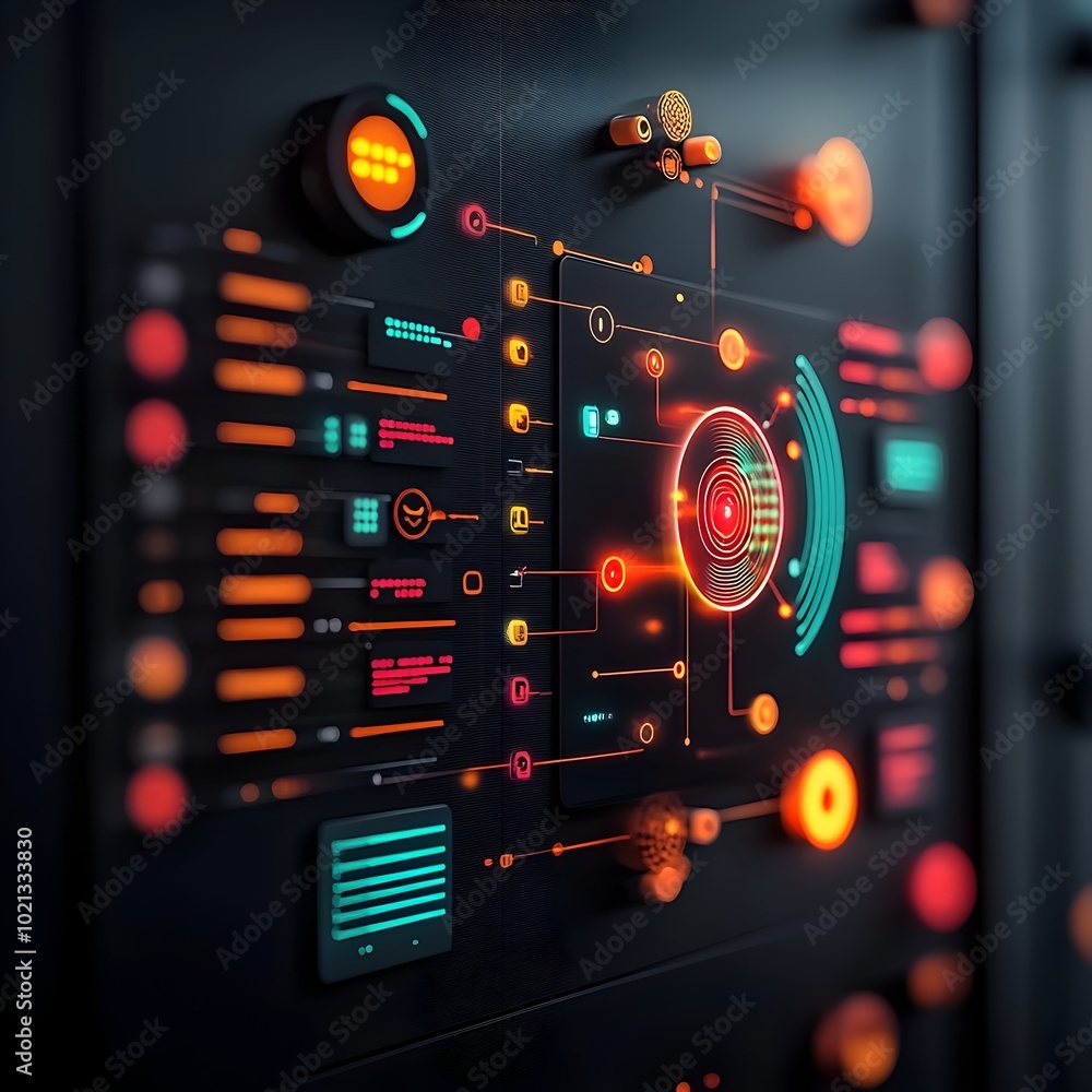 Poster futuristic data center backdrop with sleek minimalist design and neon tinged lighting holographic da